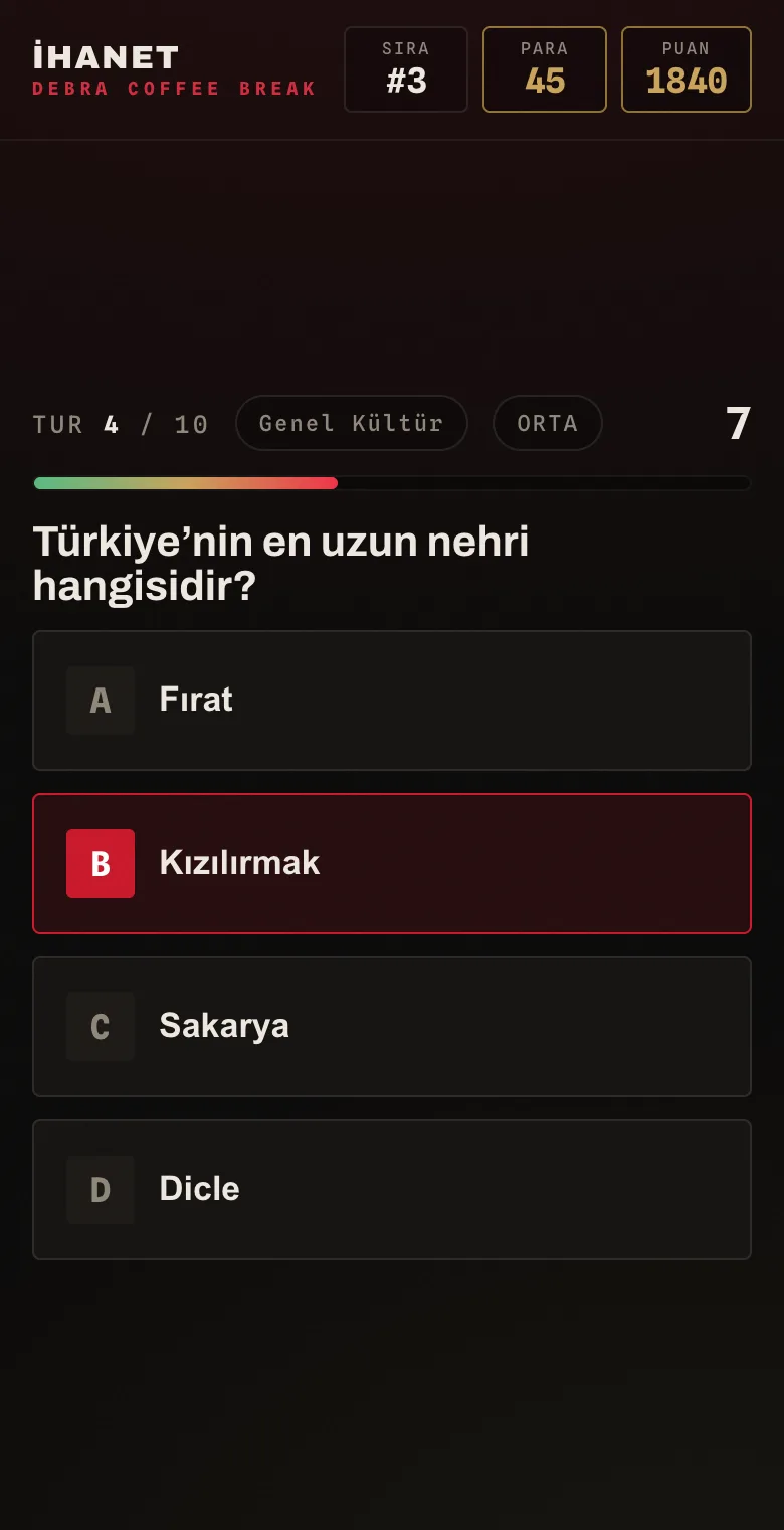 Oyuncunun telefonundaki soru ekranı